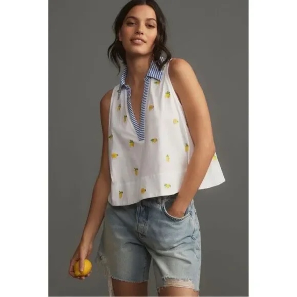 Anthropologie Maeve Sleeveless Embroidered Lemon Swing Popover Top NWT